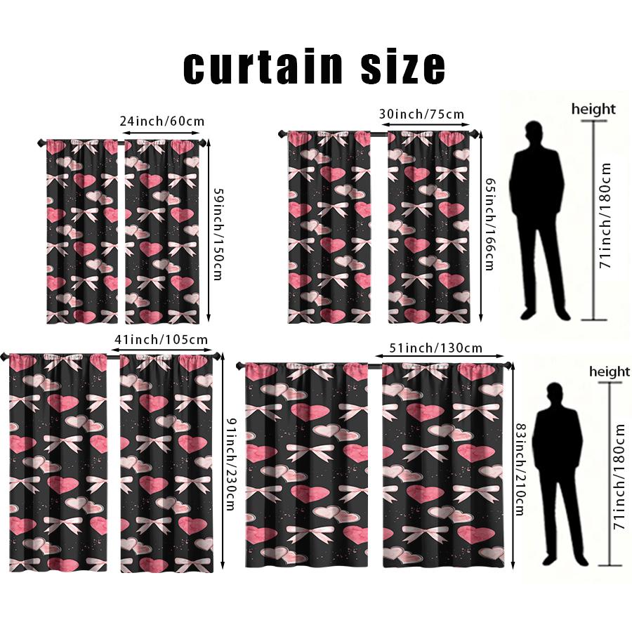 2PCS black background powder heart curtains   sweet and cool style   bedroom and living room   decorative with drawbar pockets