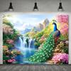 2D Flat Banner - 1 Piece of Rural-style Polyester Background Fabric Featuring a Scene of Peacocks and a Waterfall Wonderland