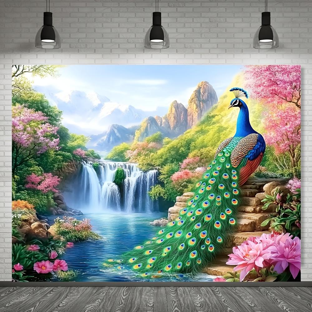 2D Flat Banner - 1 Piece of Rural-style Polyester Background Fabric Featuring a Scene of Peacocks and a Waterfall Wonderland