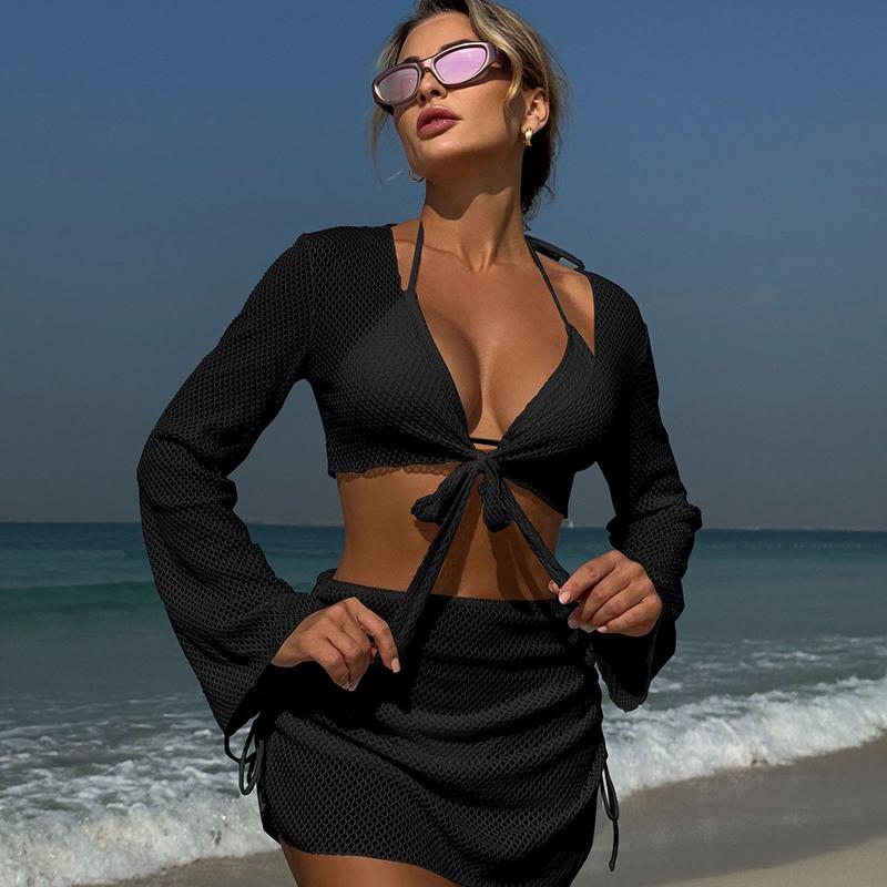 

Купальник из 3 предметов с длинным рукавом, с высоким вырезом, однотонный, накидка, бикини пуш-ап, раздельный, спортивный бандажный купальник, стринги L чёрный