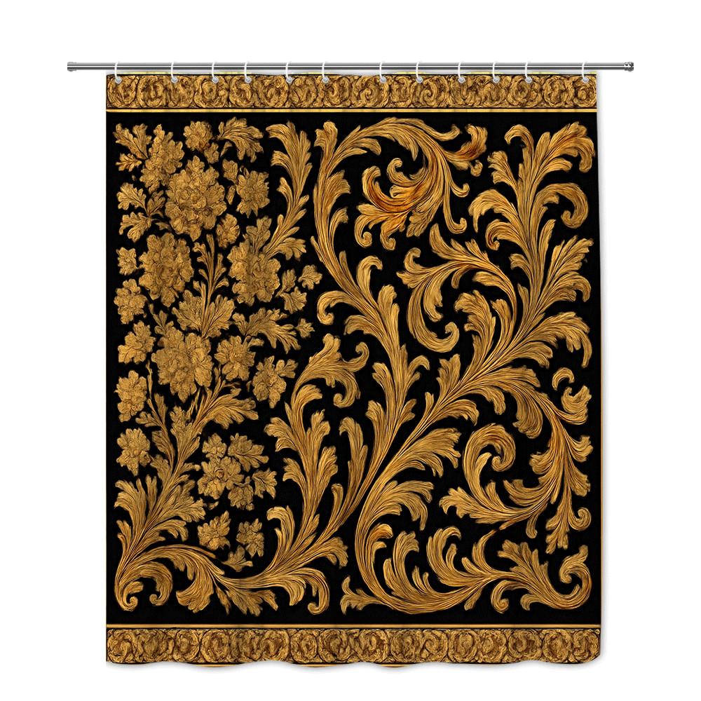 Golden Baroque Floral Shower Curtain Black Background Luxury Ornate Design Royal Palace Style Decor Waterproof Quick Setup