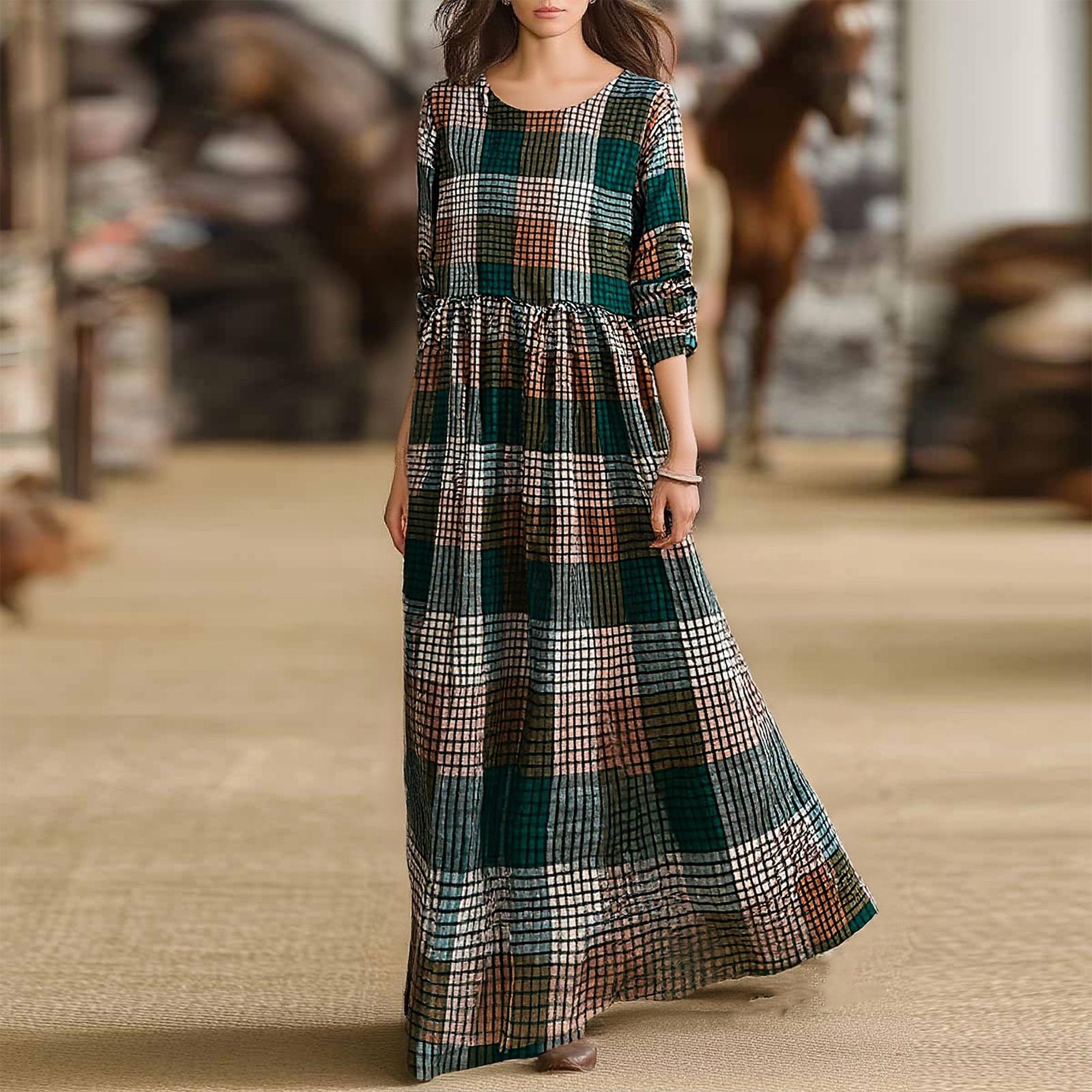 Женское элегантное платье-рубашка в клетку с длинным рукавом, модное платье с воротником-рубашкой в клетку M зелёный