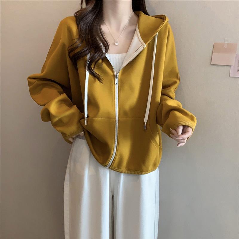 Real sweater women's thin long-sleeved loose top hooded cardigan zipper jacket