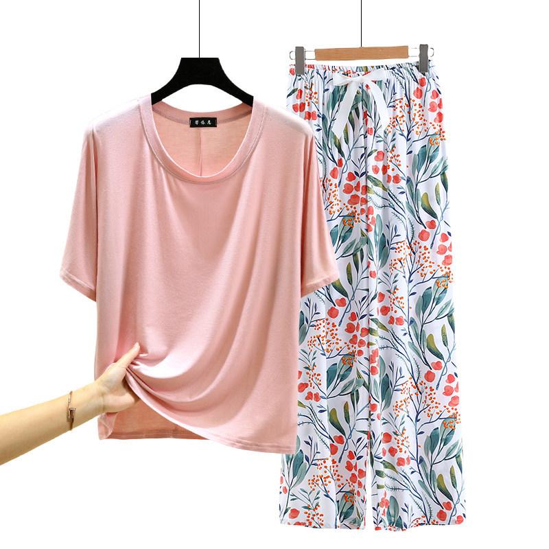 T-shirt girocollo in modal con pantaloni a gamba larga floreali in popeline Set pigiama estivo sottile Tuta casual larga per dormire Loungewear comodo tutto da abbinare