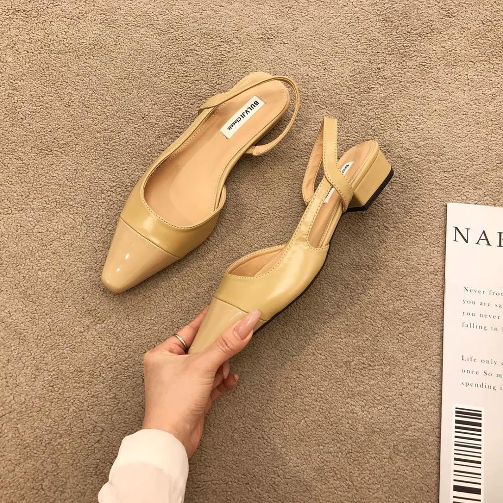 Low-heeled bag head sandals women's French gentle evening nude pointed head small fragrant style lady thick heel empty temperament single shoes