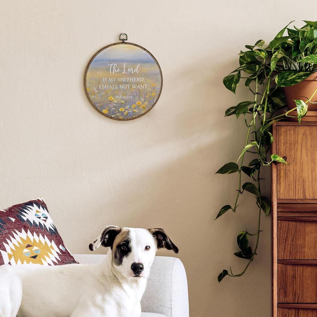 TLESKE Wildflower Christian Scripture the Lord Is My Shepherd Round Wall Art Decor 10x10, Floral Bible Verse Psalm Framed Canvas Wall Art Prints