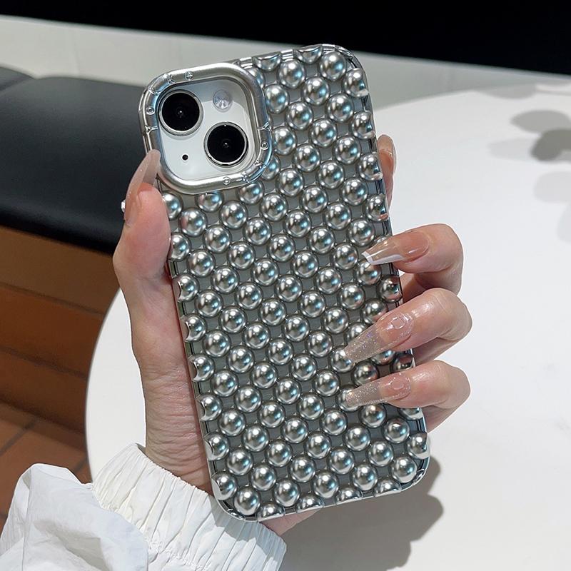 Matte Silver Hollow Out Beads Phone Case For iPhone 13 14 15 16 17 Pro Max 17 Air Summer Heat Dissipation Back Cover