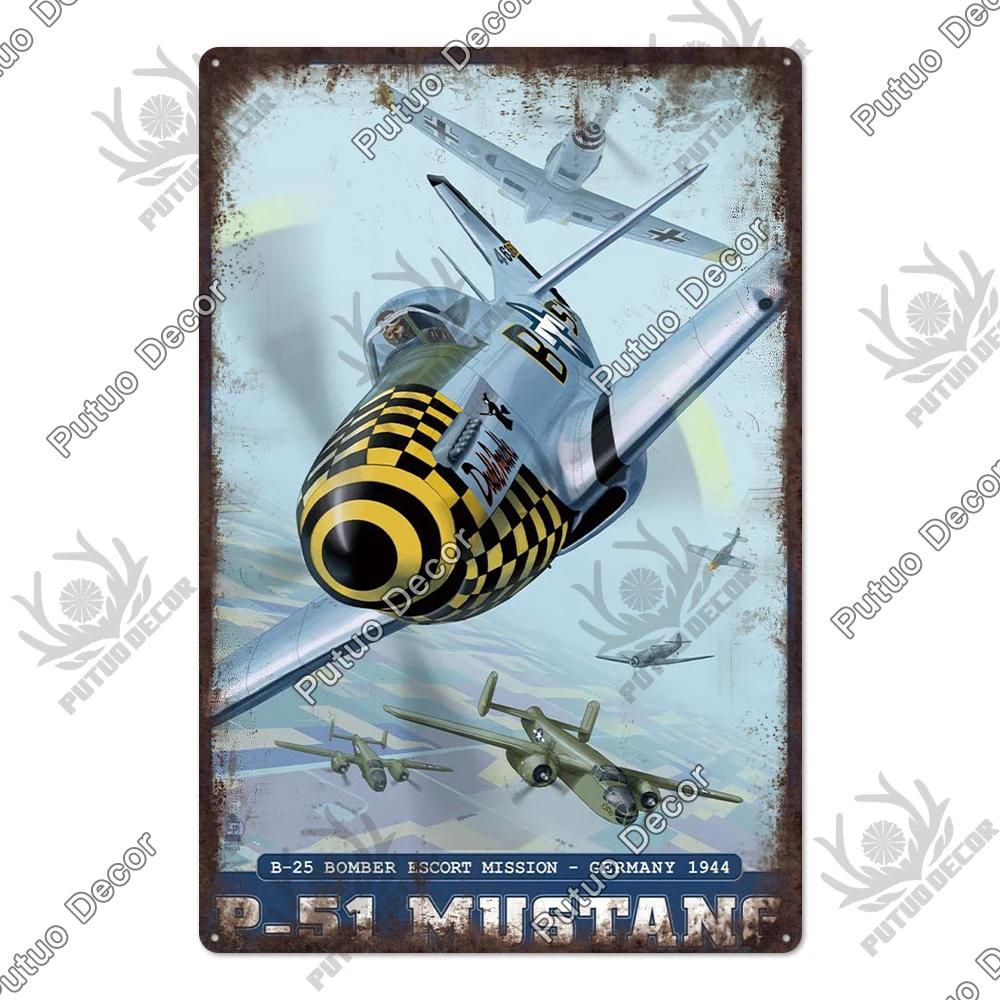Putuo Decor Fighter Plane Vintage Tin Sign Plaque Metal Plate Retro Posters Wall Art Decoration for Garage Man Cave Pub Bar Club