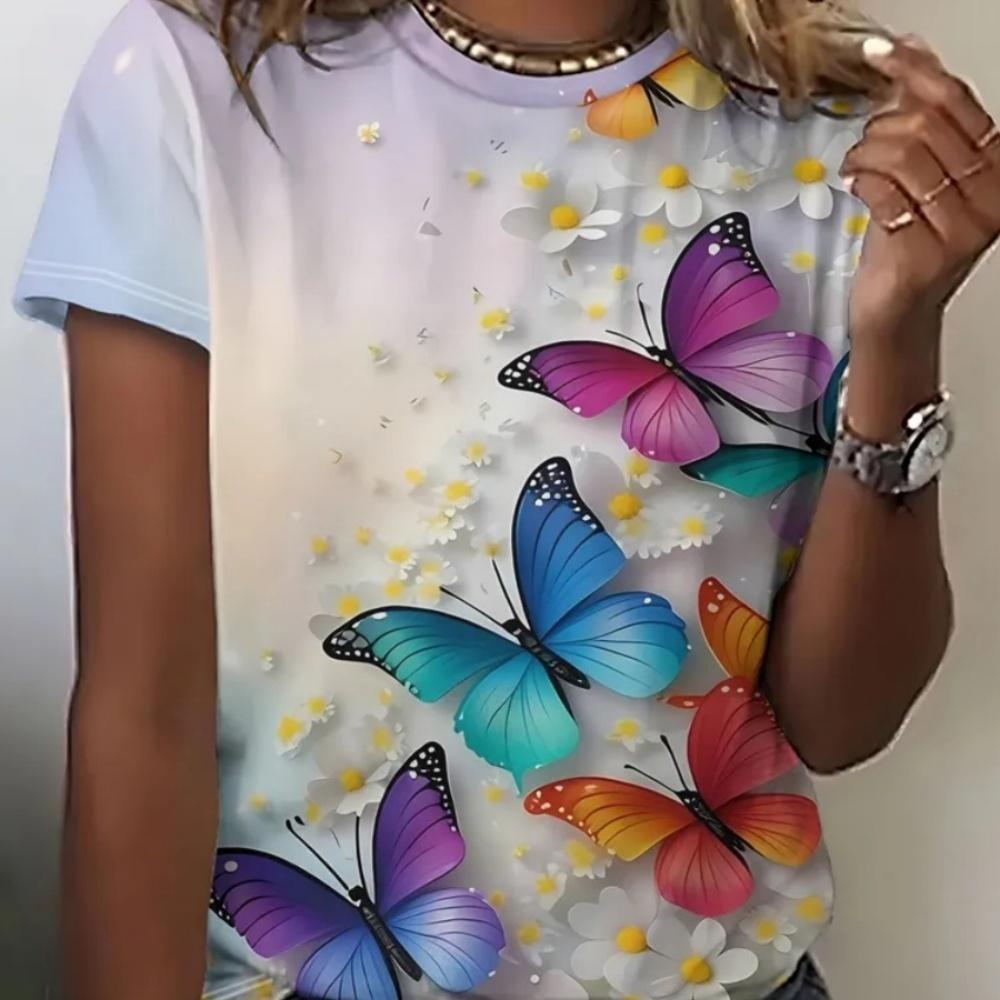 Sommer Damen 3D-Druck Rundhals T-Shirt Mode Vielseitig Atmungsaktiv Trend Lässig