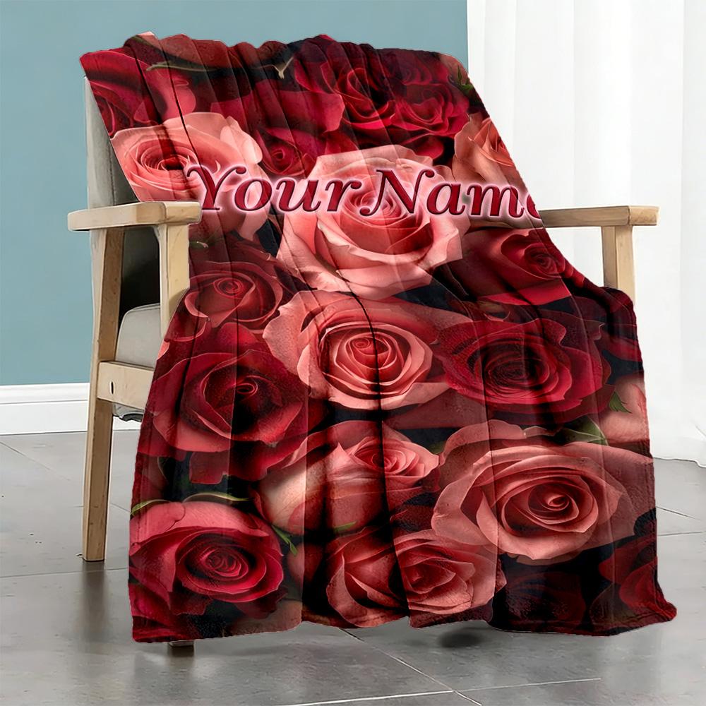 Rose Personalized Name Blanket Multi-purpose Customizable Blanket Soft Warm Cozy Suitable for Office Living Room Sofa Livingroom Four Seasons Universa