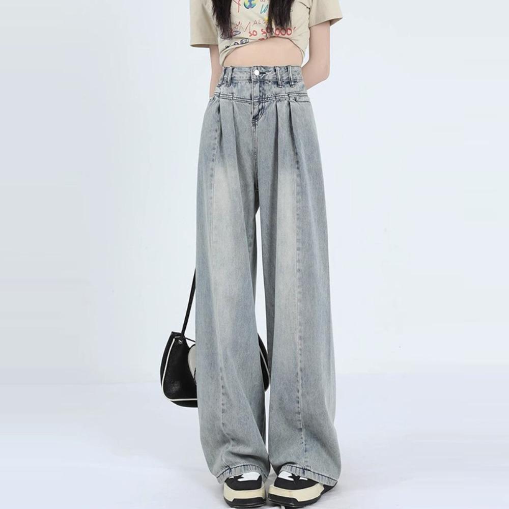 Trend loose wide-leg jeans women's spring and autumn new high-waisted and thin straight drape floor-mopping jeans