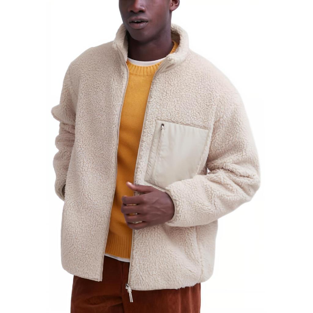Uniqlo Solid Color Pocket Design Spliced Straight Leg Zipper Drop Shoulder Stand Collar Fleece Jacket Unisex Jackets Beige 460331-31