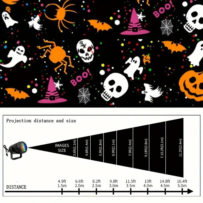 1pc Halloween Projector Light USB Powered LED Night Light with Dynamic Pumpkin Skull Spider 16 Patterns for Bedroom Home Party