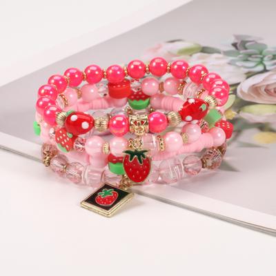 Strawberry Pendant Pink Beads Multilayer Stretch Bracelet Cute Fruit Hand Decoration Gift for Women