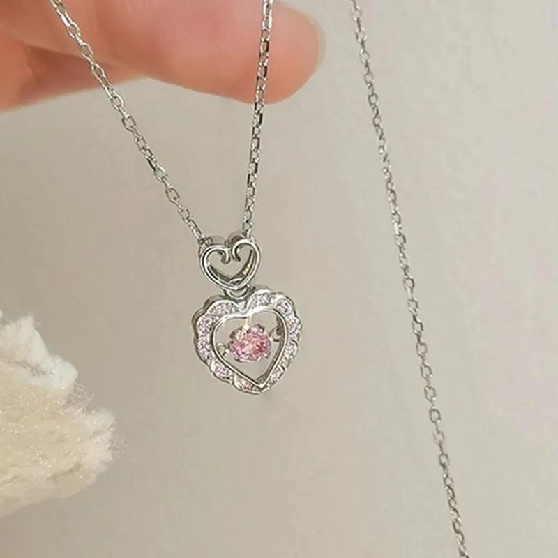 Korean Fashion Sweet Heart Shaped Necklace For Women Crystal Zircon Pendant Clavicle Chain Elegant Romantic Party Gift Jewelry