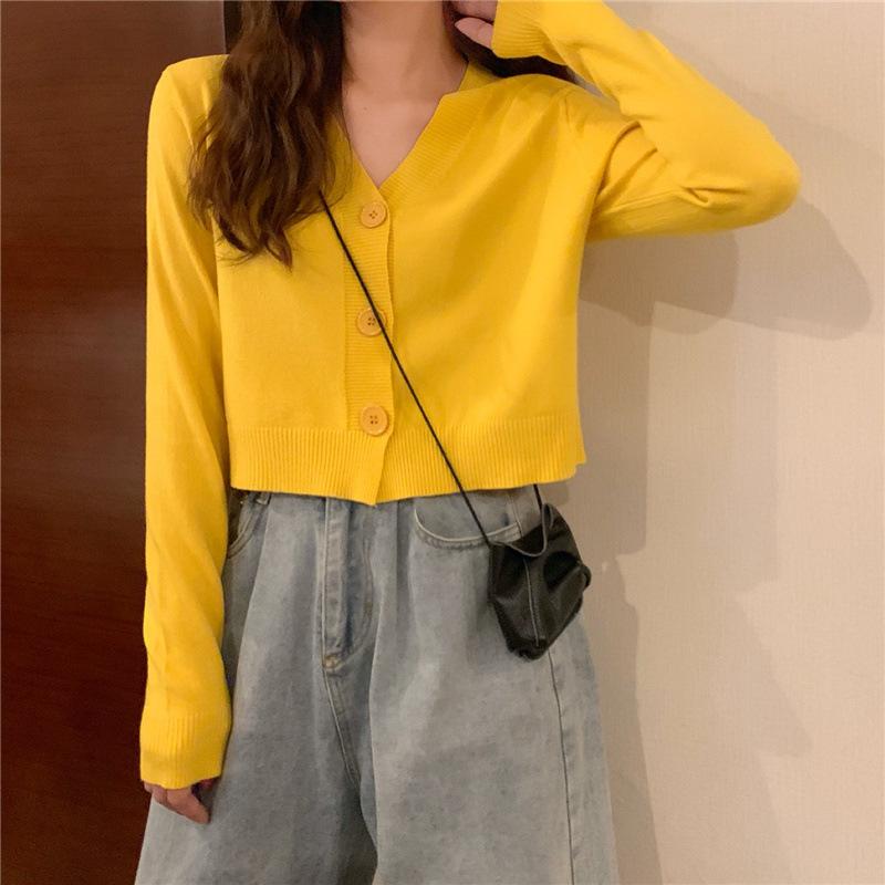 V-Neck Single Breasted Button Pullovers Sweaters Women Fall Spring Long Sleeve Short Small Fresh Outer Wear Knitted Cardigan Tops One Size Solid