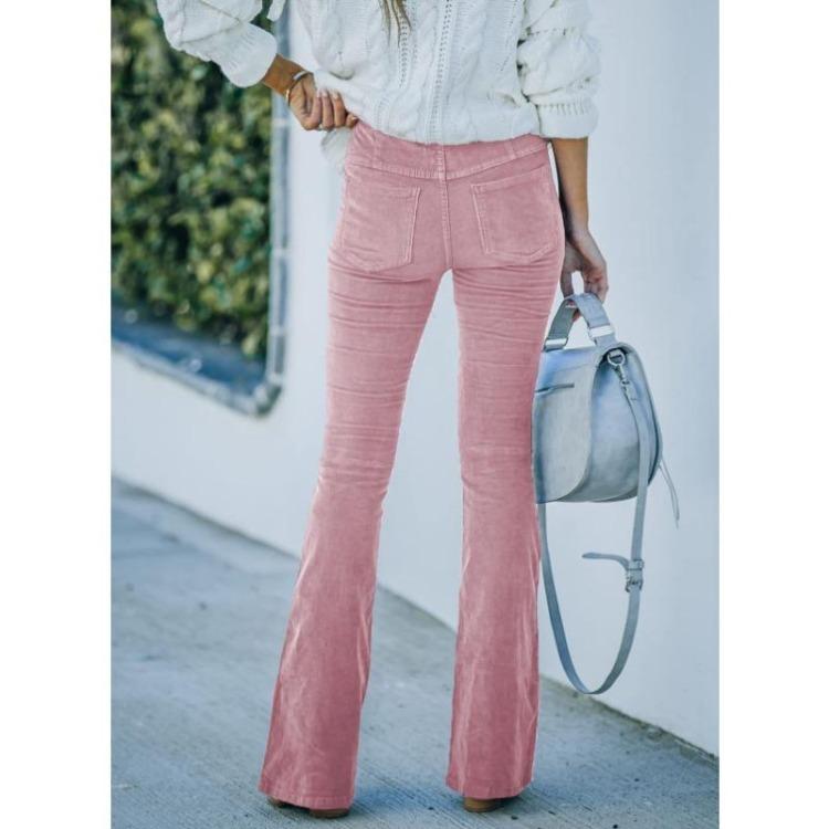 Spring and Autumn Women Plus Size Corduroy High Waist Solid Color Slim Micro Flare Pants Elastic Waist Casual Pants