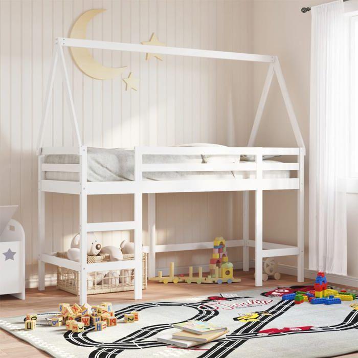 VidaXL Lit superposé et échelle et toit blanc 90x190cm bois pin massif, lit intermédiaire, lit mezzanine avec échelle, lit 3282115