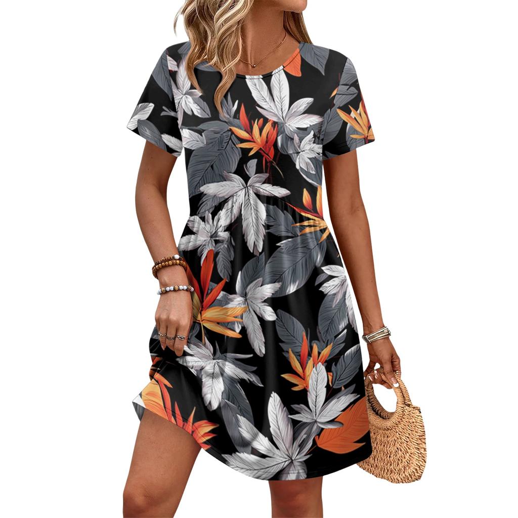 Women Short Sleeve Casual Dress with Floral Print Round Neck Waist Tie and Pockets Lightweight Summer Dress