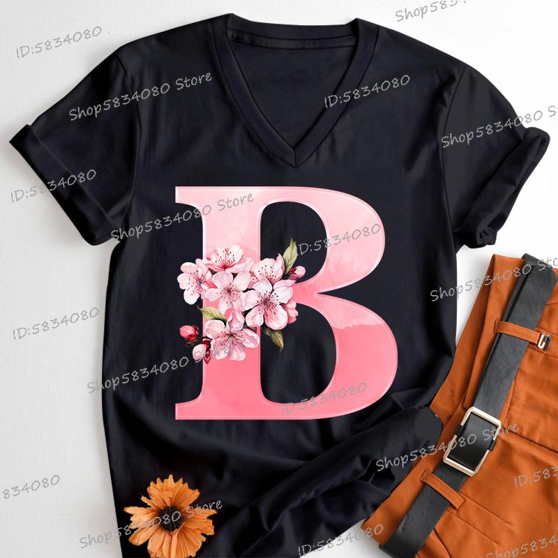 Pink Sakura Alphabet Shirts Gift for Women Letter S Floral Monogram Cartoon Tshirt Cherry Blossom Letters A B C D Casual Tops