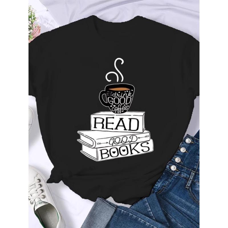 Woman Plus Size Round Neck Half Sleeve T-shirt Printed T-shirt Top New T Shirt Coffee Books Brown Books American Retro T-shirt