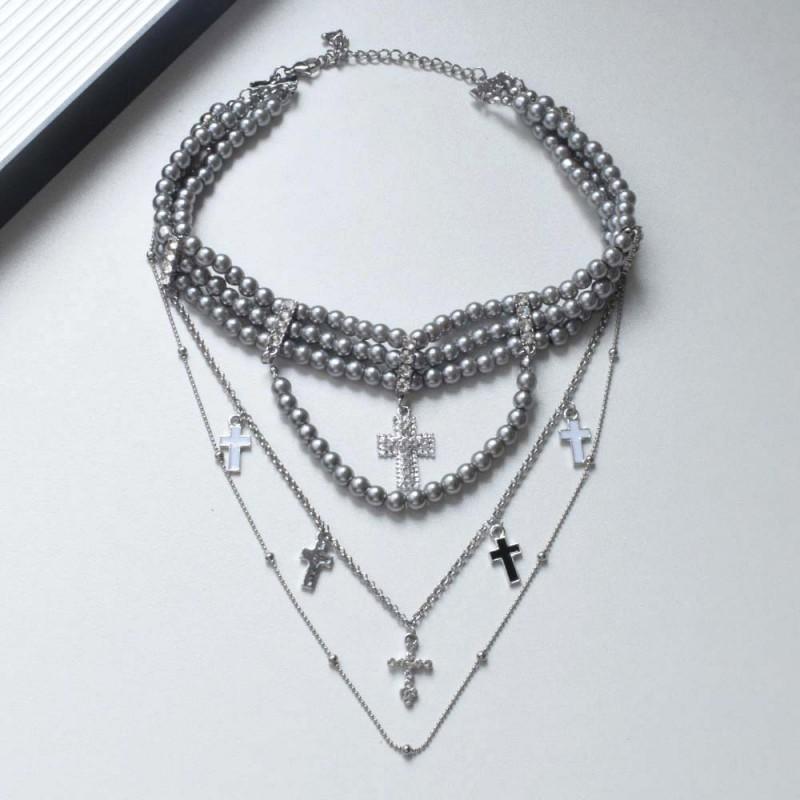 Layered Tassel Cross Pendant Pearl Necklace Women Alloy Choker Chain Geometric Boho Chic Statement Jewelry