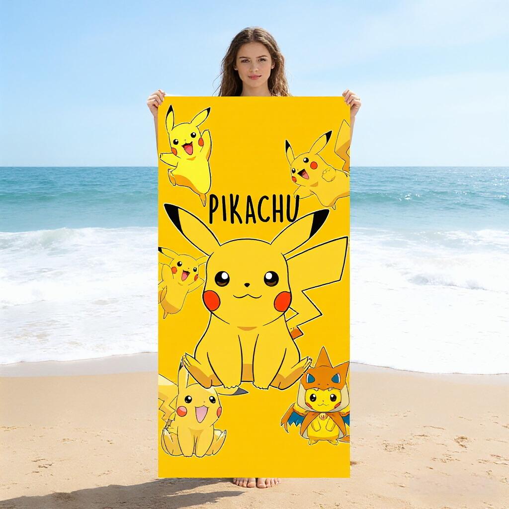 

1pc Pikachu Pokemon Beach Towel, Yellow Pocket Monster Microfiber, Quick-Dry for Kids Adults Pool Travel W40*H60(CM)