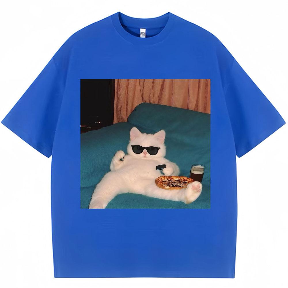 Funny Glasses Cat and Pizza Meme Tshirt Unisex Women Creativity Fashion Kawaii T Shirts Loose Cotton Casual Tees Cat Lovers Gifts