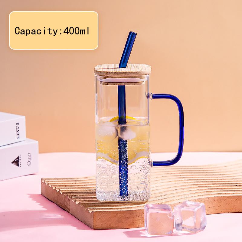 400ML Wide Mouth Mason Jar Drinking Glasses with Bamboo Lids & Straws And Square Color Handle Cup Beer Iced Coffee