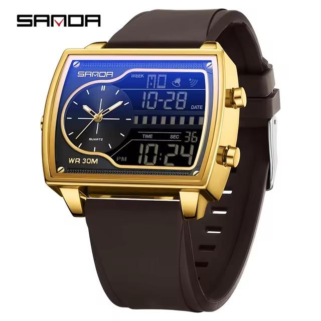 Sanda 6163 Top Brand Luxury Fashion Men Watches Stainless Leather Silicone Sport Digital Analog Big Square Quartz Digital Watch Sanda 6163