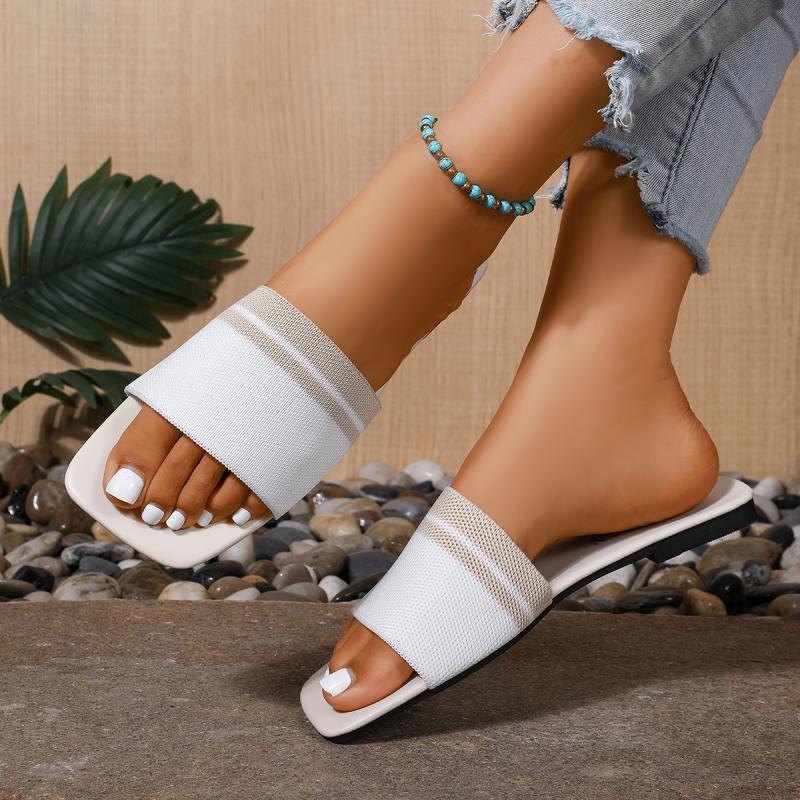 Fashion Breathable Mix Color Mesh Strap Slides Women Summer Elegant Square Toe Low Heel Office Sandals Fashion Non Slip Beach Slippers
