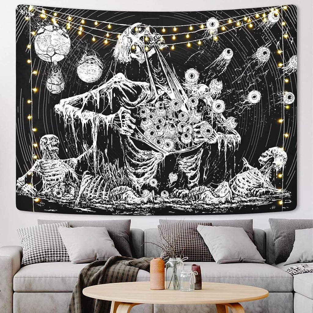 Gothic Skull Tapestry Wall Hanging in Black White Minimalist for Bedroom Decor