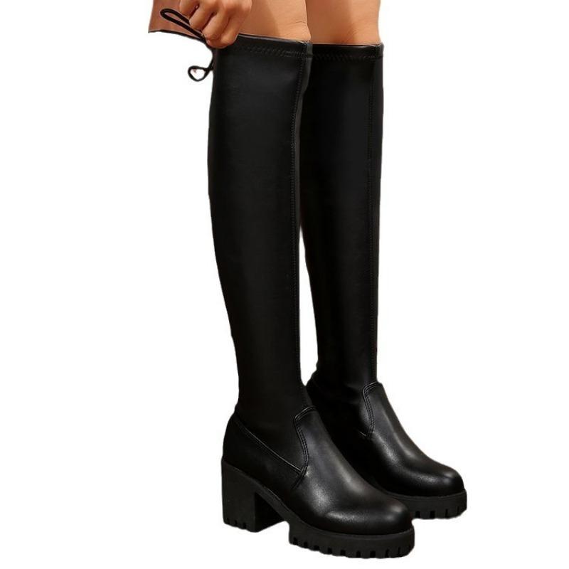 Winter new large size knee boots women's velvet high-heeled thick-soled elastic boots thick heel