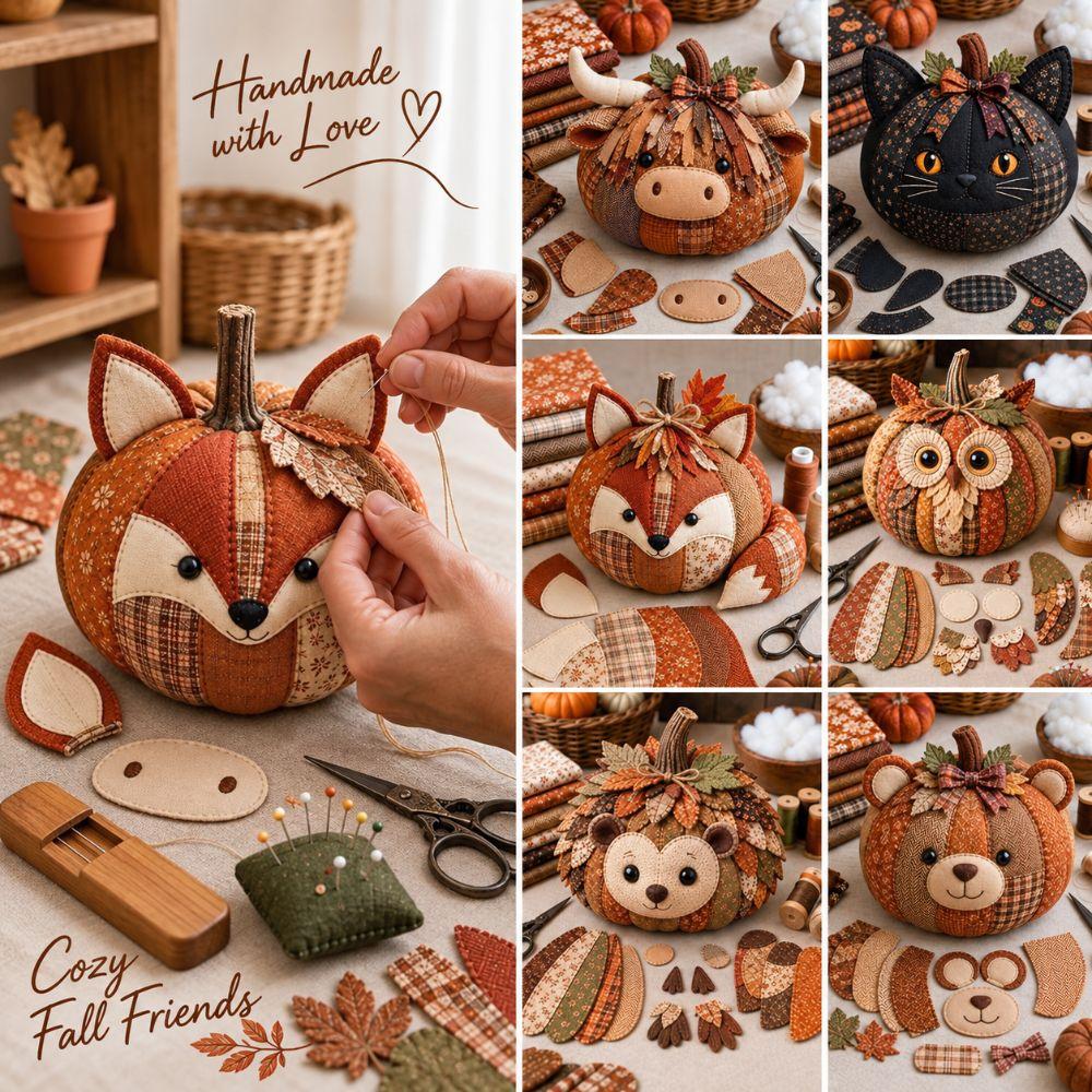 Owl Bear Halloween DIY Sewing Kit Vintage Style Pumpkin Fabric Kit Creative Floral Fabric Set Gift