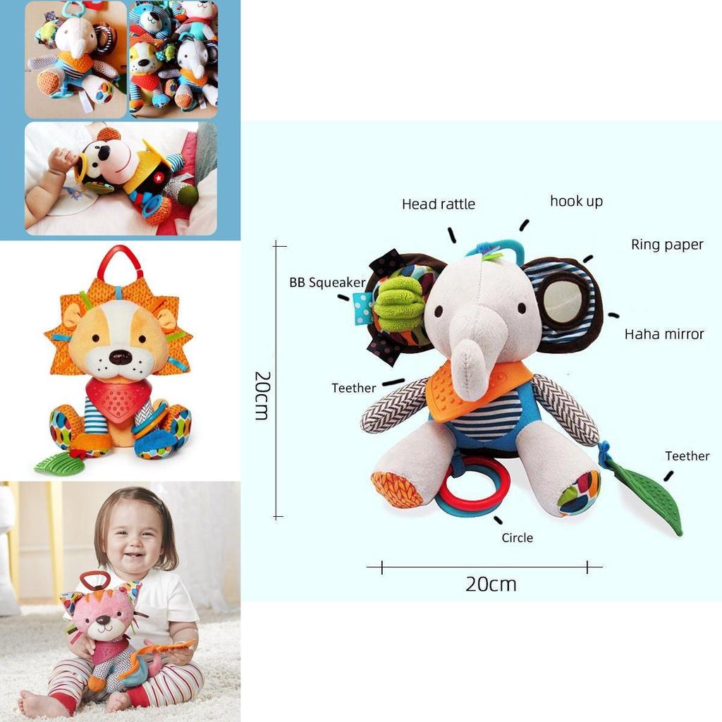 Weiches und buntes Plüschtier für Babys mit verschiedenen Texturen und Beißring für sensorisches Spiel