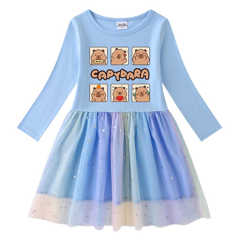 Korean Style Girls' Dress - Stars & Rainbow Sequin Mesh, Short & Long Sleeve Options, Perfect for Spring, Summer, and Autumn