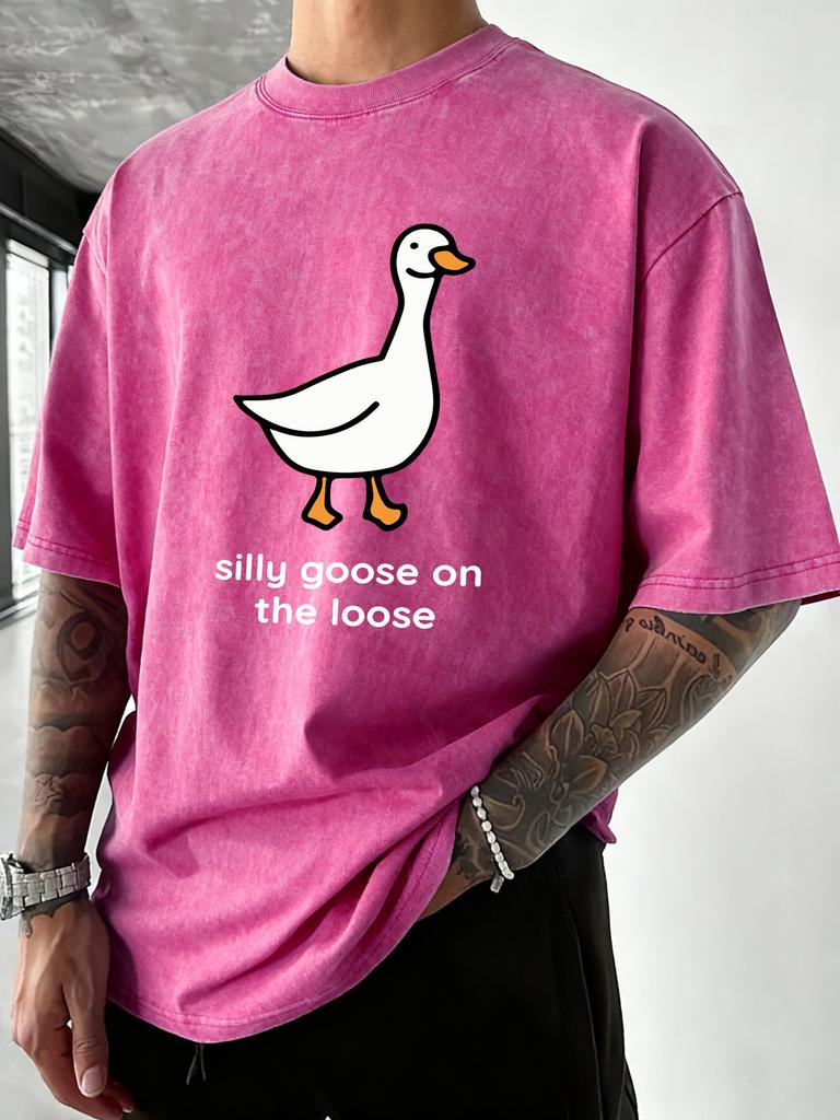 Sillu Goose On The Loose Printed Men Washed TShirt Summer ONeck T Shirt Oversize Cotton Unisex Clothes Casual Short Sleeve