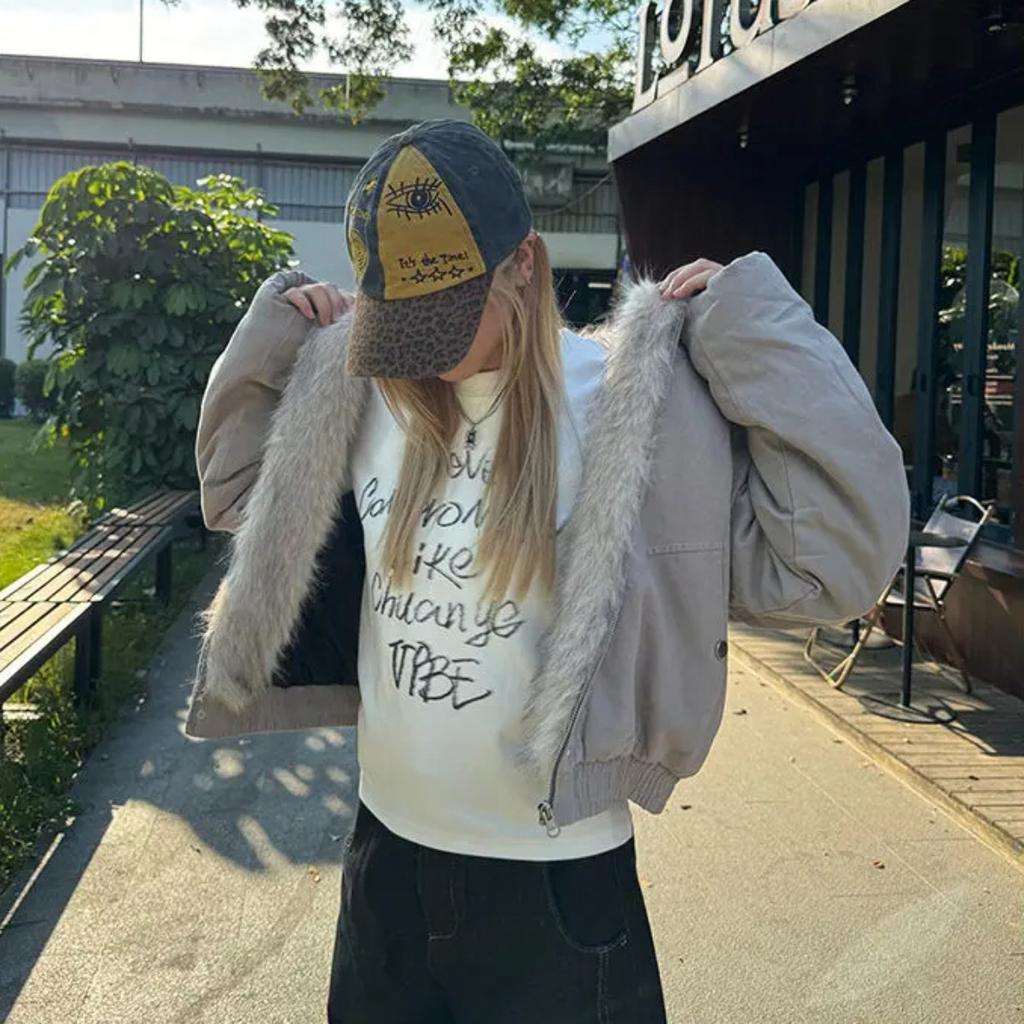 American Retro Fur Collar Hooded Jacket Women Y2K Streetwear Winter New Velvet Thickened Warm Harajuku Loose Casual Jacket