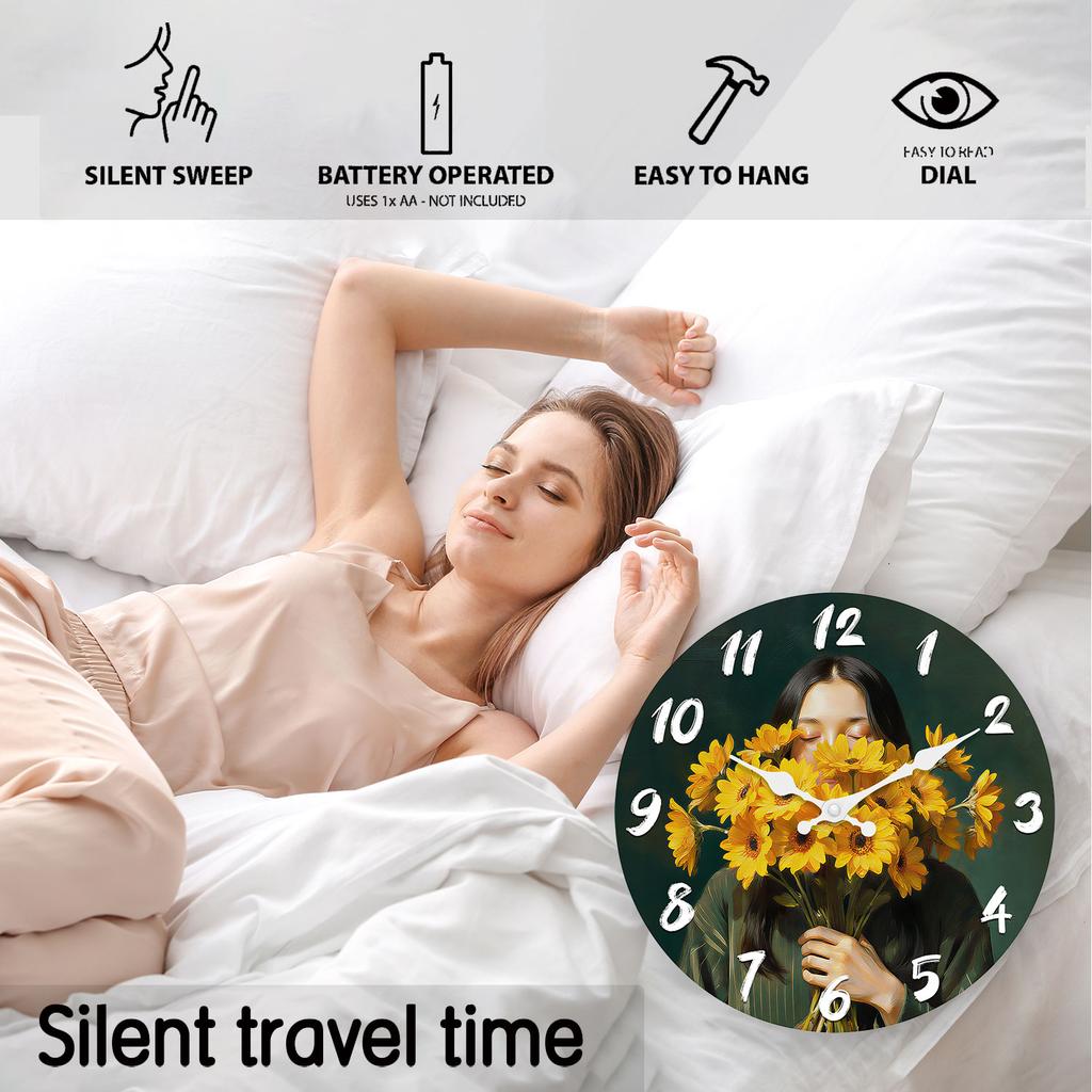 First-Class Sunflower Illustration First-Class Wooden Superior-Grade Wall Superior-Grade Clock 10-16Inch Superior-Grade Silent Premium-Quality Wall