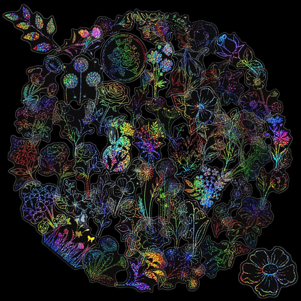 100 Transparent Laser Decals Blooming Stickers PET Creative Retro Laser Tent Holographic Stickers