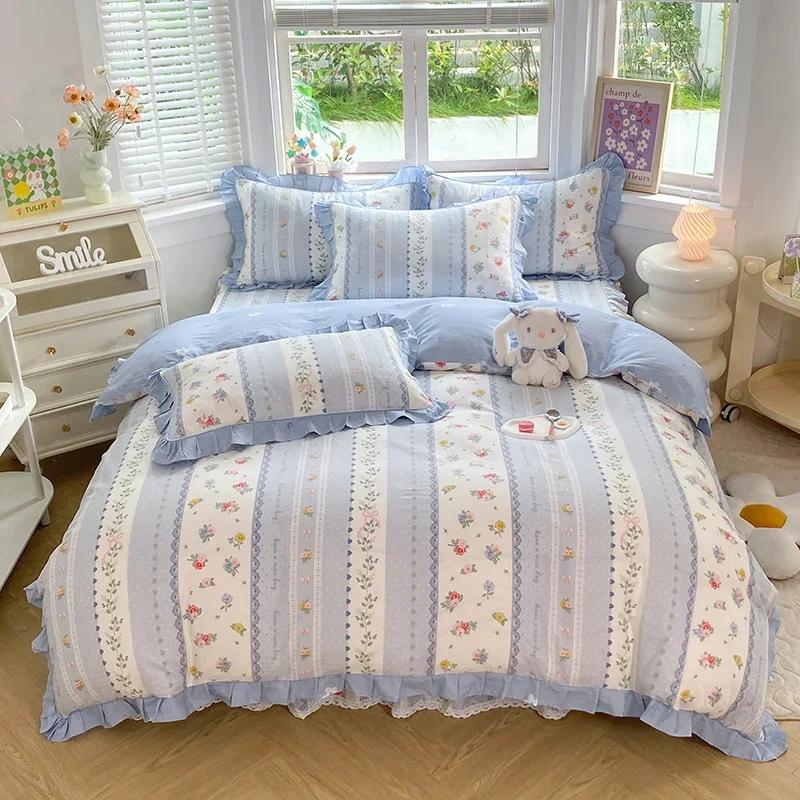 Pink Floral Duvet Cover Set 100% Cotton Korean Style Ruffled Quilt Cover with 2 Pillowcases Skin-friendly Queen Size Bedding Set