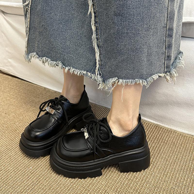 Thick-soled black small leather shoes women's 2025 spring new heightening lace-up British style retro versatile loafers single shoes