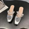 Fashion Spring and Summer New Pearl Rose Block Heel Delicate with Skirt New Chinese Baotou Going Out Half Slippers Women