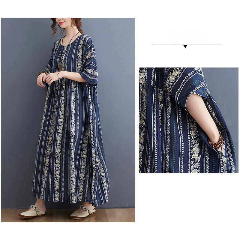 Sommer Literatur Plus Lockerer Druck Rundhals Kurzarmkleid Damen Lange Kleider