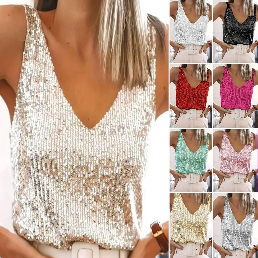 Women‘s Summer Deep V-Neck Sequined Tank Top Stylish Sleeveless Top Sparkly Club Party Vest Blouses