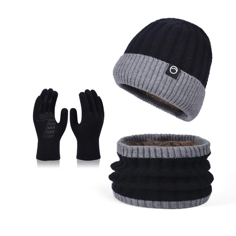 Winter Hat Gloves Scarf Set Men's Knitted Pullover Hat Fleece Warm Ear Protector Wool Hat