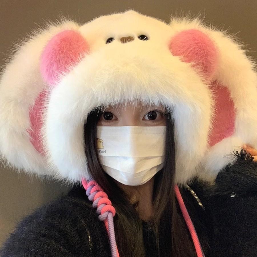 Koreansk Söt och Söt Kanin med Stora Öron Plyschmössa för Kvinnor På Vintern Förtjockad Varm Ansiktsvisande Liten Tecknad Lei Feng-mössa