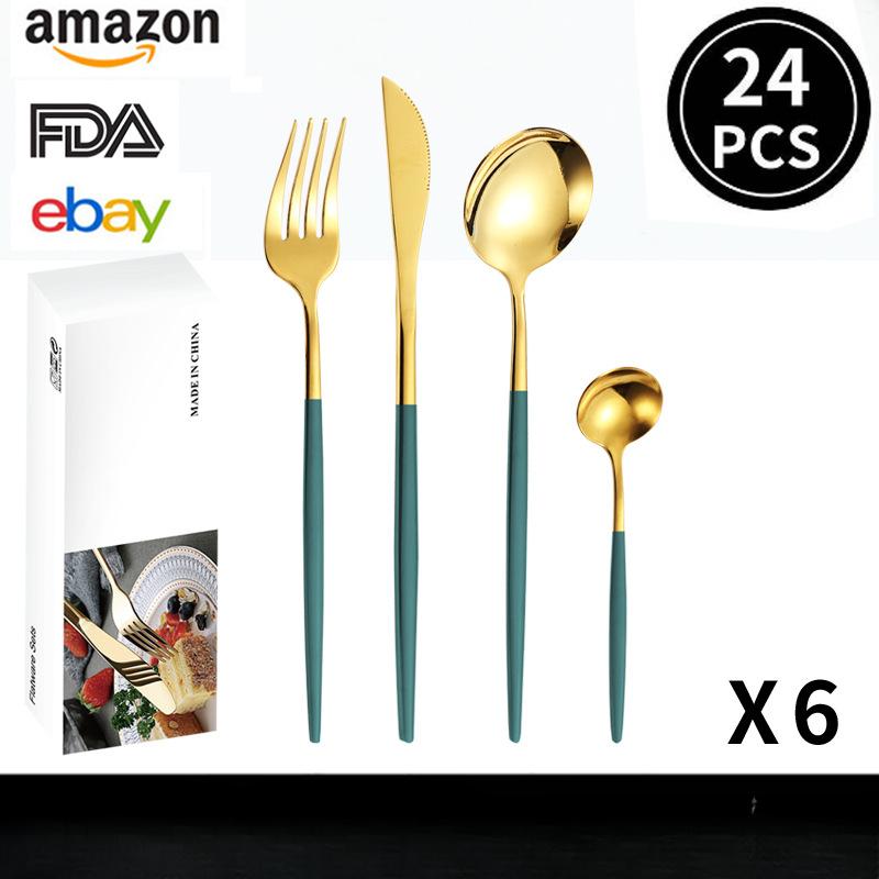 

Набор столовых приборов Western Food из нержавеющей стали, 24 предмета, нож для стейка, вилка и ложка, набор столовых приборов 24*7.5*5 золотой/зелёный
