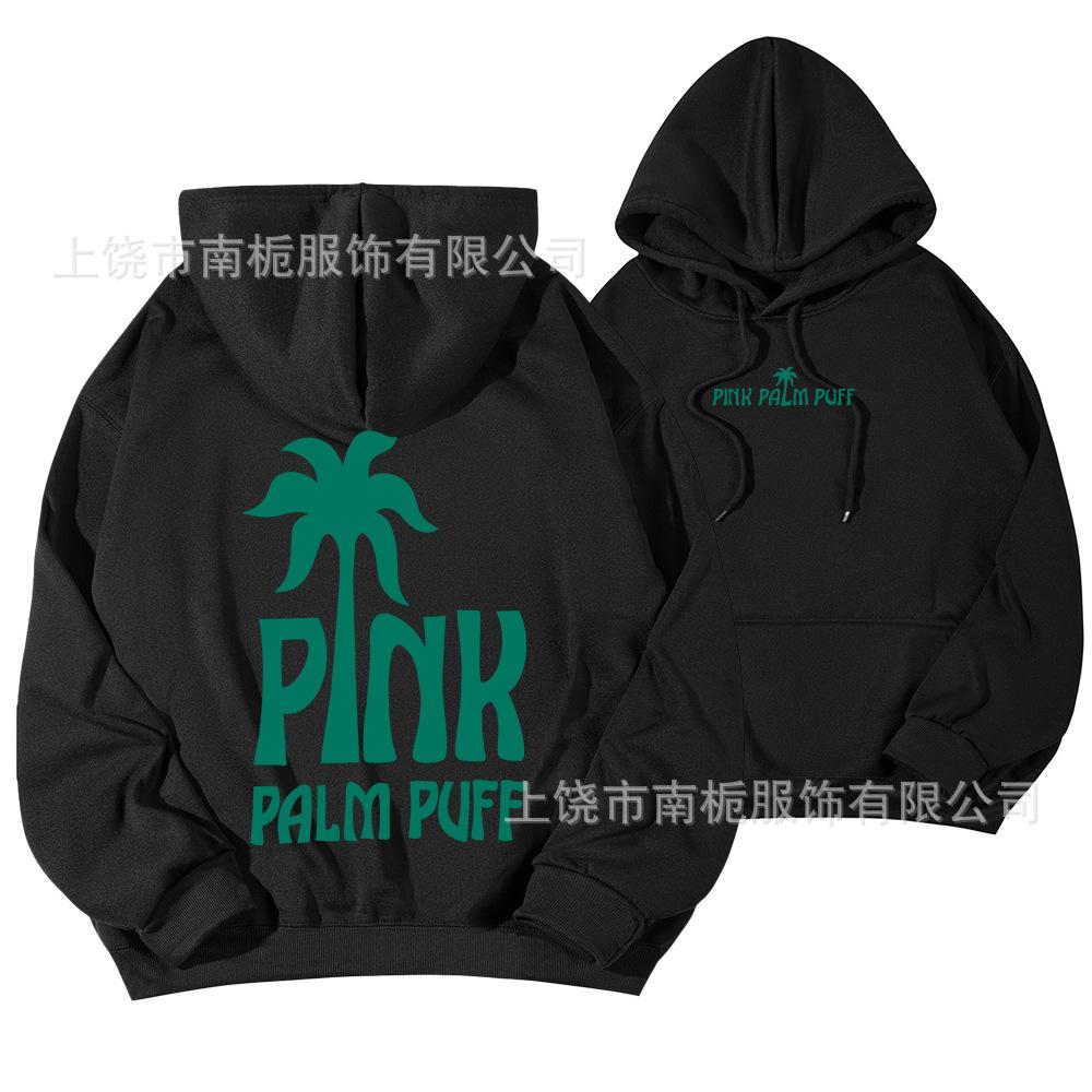 Women's Hooded Long Sleeve Drop Shoulder Pullover Sweatshirt Palm Tree "PINK PALM PUFF" Back Letter Print Casual Hoodie