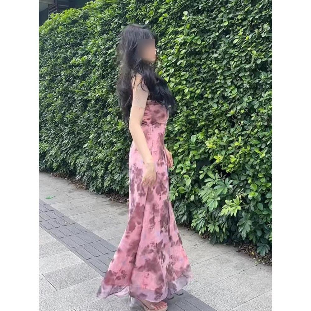 Casual printed suspender dress with chest pad temperament waist temperament thin holiday style floral dress